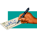 A person writing on top of a check.