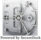 A picture of a silver safe with the words powered by securedock.